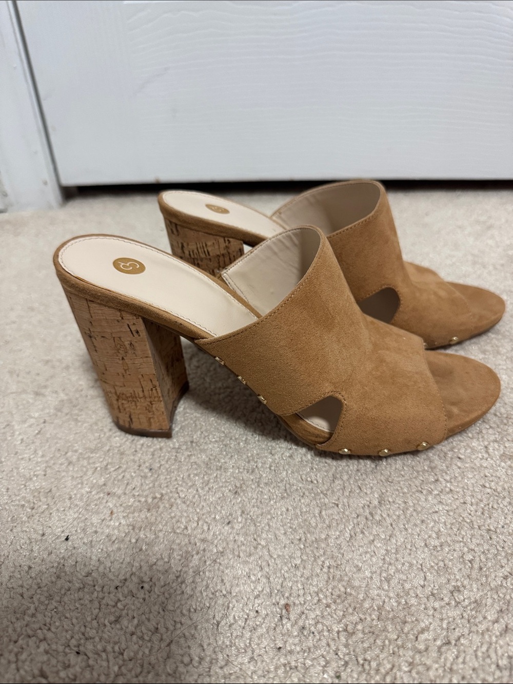 dressbarn Tan Suede Cork Block Heel Slide Mules